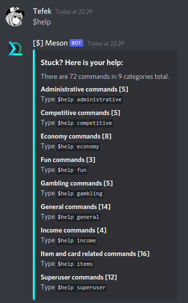 Typing $help shows a list of categories.